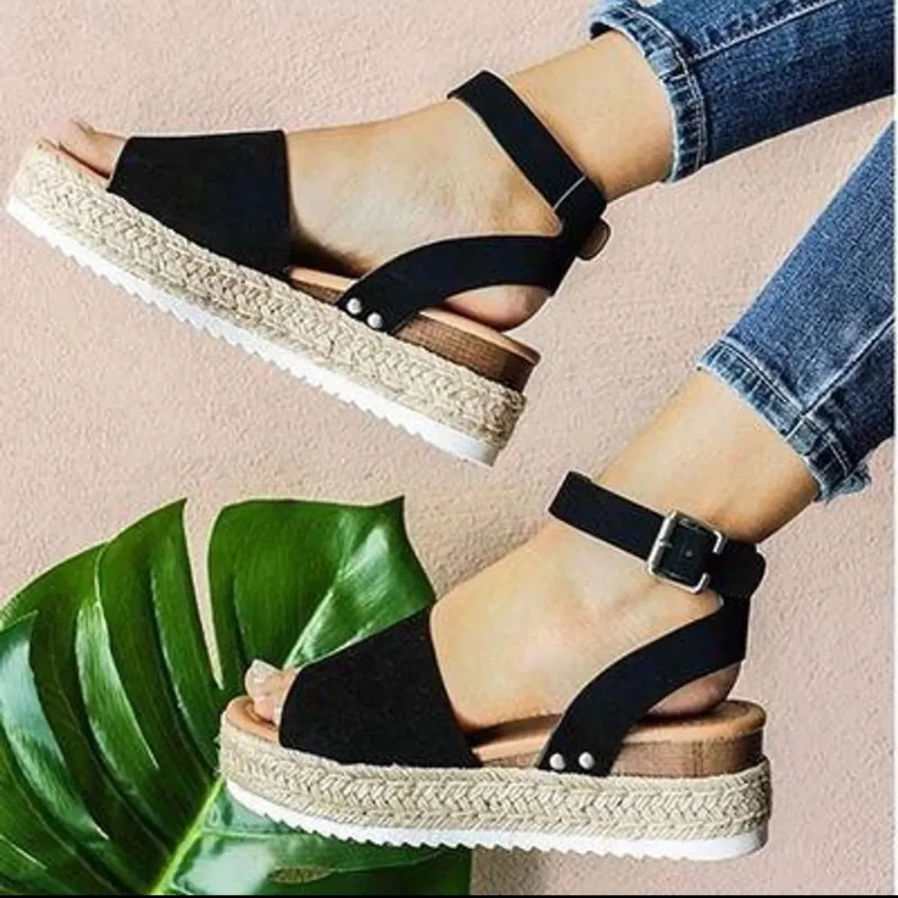 Womens Black Ankle Strap Espadrille Platform Sandals